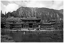 Byodo-In temple and fluted mountains, morning. Oahu island, Hawaii, USA (black and white)