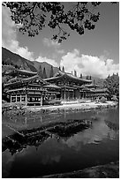 Byodo-In temple reflected in pond, Valley of the Temples, morning. Oahu island, Hawaii, USA (black and white)