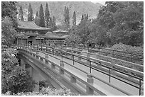 Red bridge leading to Byodo-In Temple. Oahu island, Hawaii, USA (black and white)