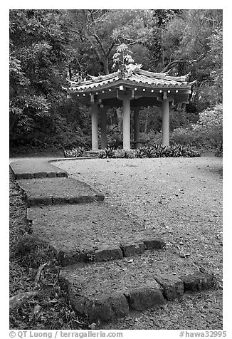 Fishing Hut Pavilion, Byodo-In temple. Oahu island, Hawaii, USA (black and white)