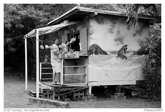 Man shopping at decorated fruit stand. Oahu island, Hawaii, USA (black and white)