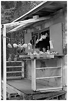 Decorated fruit stand. Oahu island, Hawaii, USA (black and white)