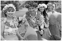 People in Tahitian dress. Polynesian Cultural Center, Oahu island, Hawaii, USA (black and white)
