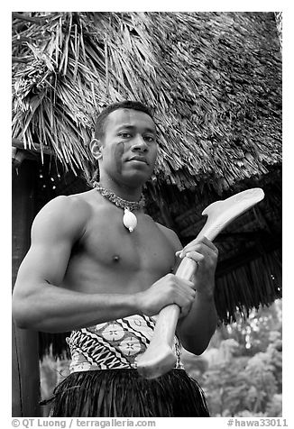 Fiji man. Polynesian Cultural Center, Oahu island, Hawaii, USA (black and white)