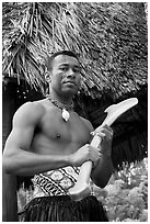 Fiji man. Polynesian Cultural Center, Oahu island, Hawaii, USA (black and white)