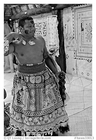 Fiji tribal chief inside vale levu house. Polynesian Cultural Center, Oahu island, Hawaii, USA