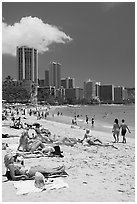 Waikiki Beach and skyline, mid-day. Waikiki, Honolulu, Oahu island, Hawaii, USA (black and white)