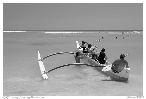 Outrigger canoe lauching from Waikiki Beach. Waikiki, Honolulu, Oahu island, Hawaii, USA