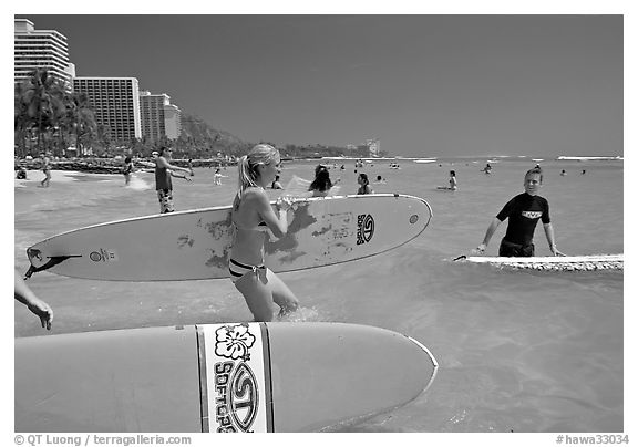 Surfers entering the water with boards, Waikiki Beach. Waikiki, Honolulu, Oahu island, Hawaii, USA