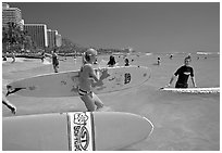 Surfers entering the water with boards, Waikiki Beach. Waikiki, Honolulu, Oahu island, Hawaii, USA ( black and white)