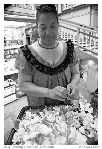 Woman preparing a fresh flower lei, International Marketplace. Waikiki, Honolulu, Oahu island, Hawaii, USA (black and white)