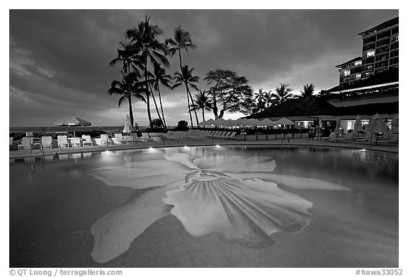 Swimming pool at sunset, Halekulani hotel. Waikiki, Honolulu, Oahu island, Hawaii, USA (black and white)