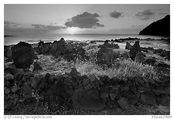 Heiau at sunrise near Makapuu Beach. Oahu island, Hawaii, USA (black and white)
