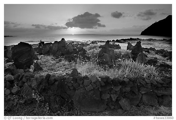 Heiau at sunrise near Makapuu Beach. Oahu island, Hawaii, USA