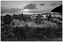 Heiau at sunrise near Makapuu Beach. Oahu island, Hawaii, USA (black and white)