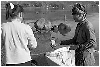 Fisherman giving a freshly caught crab to his wife, Kaneohe Bay, morning. Oahu island, Hawaii, USA (black and white)