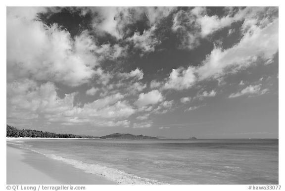 Waimanalo Beach and ocean with turquoise waters and clouds. Oahu island, Hawaii, USA (black and white)
