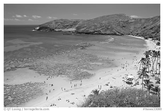 Hanauma Bay and beach with people. Oahu island, Hawaii, USA