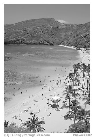 Hanauma Bay beach with people. Oahu island, Hawaii, USA