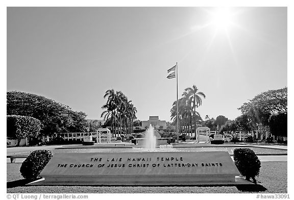 Mormon temple and sun, afternoon, Laie. Oahu island, Hawaii, USA