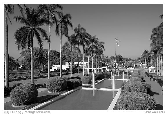 Terraced basins, Mormon temple, Laie. Oahu island, Hawaii, USA (black and white)