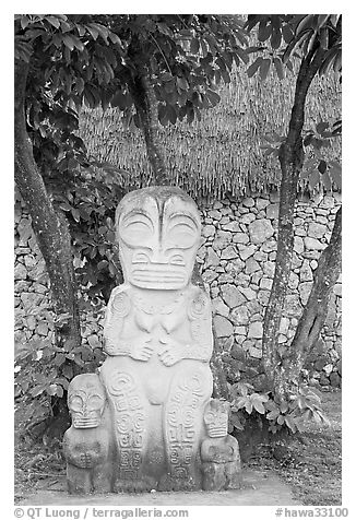 Marquesas statue and walls. Polynesian Cultural Center, Oahu island, Hawaii, USA (black and white)