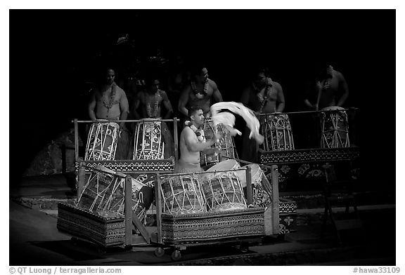 Tonga drummers on stage. Polynesian Cultural Center, Oahu island, Hawaii, USA