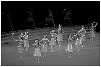 Dance Performance by Maori women. Polynesian Cultural Center, Oahu island, Hawaii, USA (black and white)