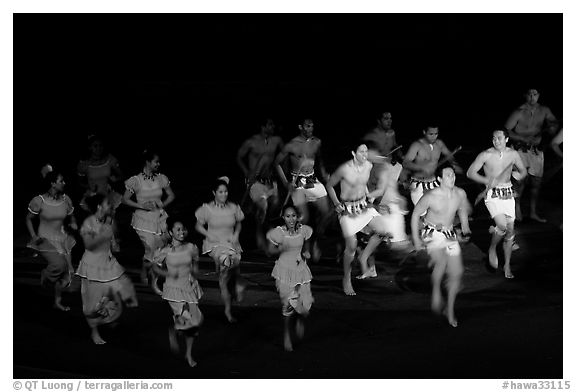 Samoa islanders performing a slap dance. Polynesian Cultural Center, Oahu island, Hawaii, USA (black and white)