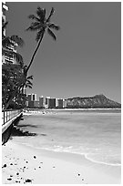 Beach and waterfront promenade. Waikiki, Honolulu, Oahu island, Hawaii, USA (black and white)