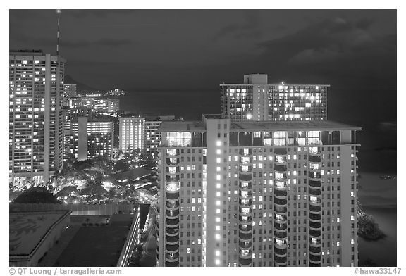 High-rise hotels at dusk. Waikiki, Honolulu, Oahu island, Hawaii, USA