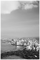 Honolulu seen from the Diamond Head crater, early morning. Waikiki, Honolulu, Oahu island, Hawaii, USA (black and white)