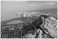 Tourist on Diamond Head crater summit observation platform. Oahu island, Hawaii, USA ( black and white)