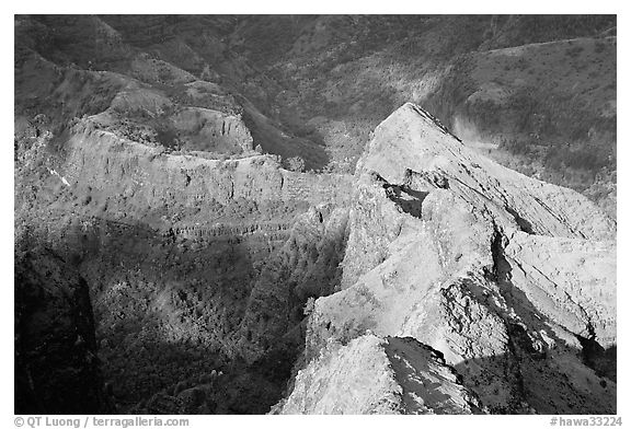 Shadows and light on ridges, Waimea Canyon, afternoon. Kauai island, Hawaii, USA (black and white)