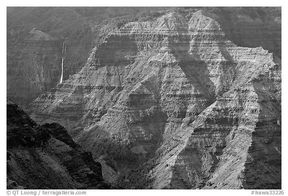 Waimea Canyon and waterfall, afternoon. Kauai island, Hawaii, USA (black and white)