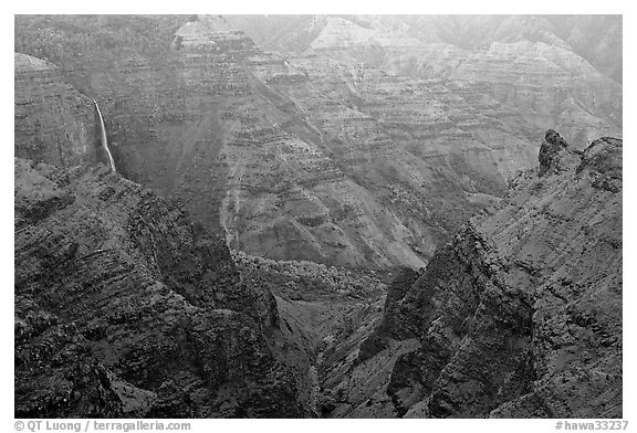 Waipoo falls and Waimea Canyon, dusk. Kauai island, Hawaii, USA