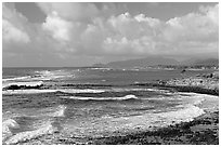 Coastline north of Kapaa with Sleeping Giant profile, early morning. Kauai island, Hawaii, USA ( black and white)