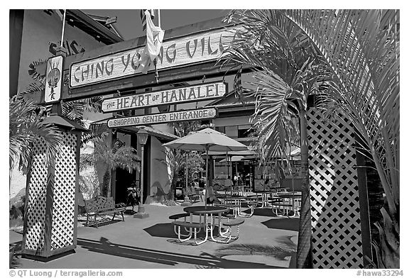Ching Young Village shopping center, Hanalei. Kauai island, Hawaii, USA (black and white)