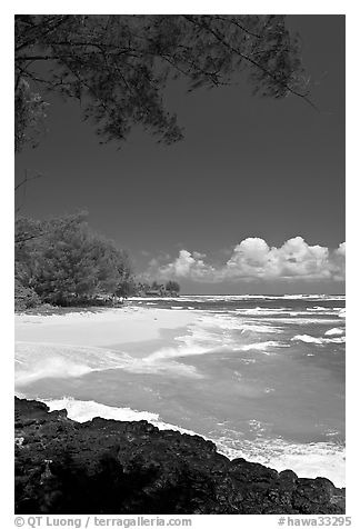 Beach, volcanic rock, and turquoise waters, and homes  near Haena. North shore, Kauai island, Hawaii, USA (black and white)