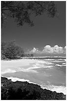 Beach, volcanic rock, and turquoise waters, and homes  near Haena. North shore, Kauai island, Hawaii, USA (black and white)