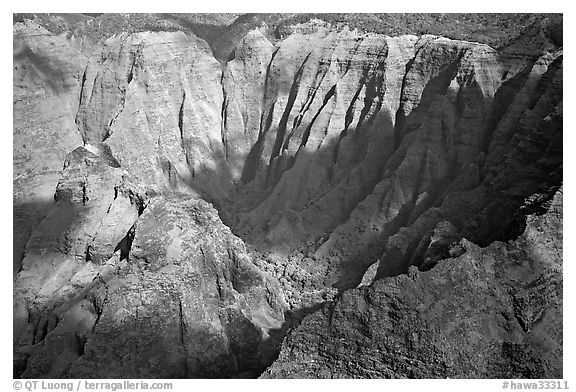 Aerial view of a crater, Na Pali Coast. Kauai island, Hawaii, USA (black and white)