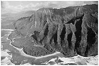 Aerial view of the East end of the Na Pali Coast, with Kee Beach. Kauai island, Hawaii, USA (black and white)