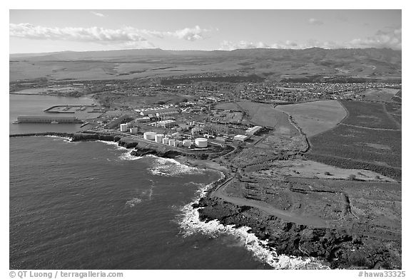 Aerial view of Port Allen. Kauai island, Hawaii, USA (black and white)