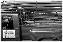 Pick-up truck loaded with surfboards, Hanalei. Kauai island, Hawaii, USA ( black and white)