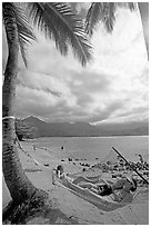 Family on Hammock, Puu Poa Beach. Kauai island, Hawaii, USA (black and white)