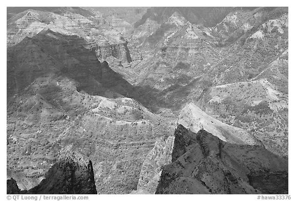 Shadows across Waimea Canyon, afternoon. Kauai island, Hawaii, USA (black and white)