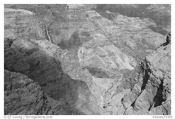 Waipoo falls and Waimea Canyon, afternoon. Kauai island, Hawaii, USA (black and white)