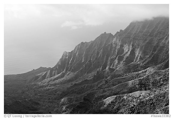 Kalalau Valley and clouds, late afternoon. Kauai island, Hawaii, USA (black and white)