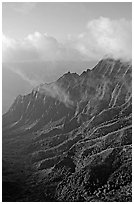 Lush Hills above Kalalau Valley and clouds, late afternoon. Kauai island, Hawaii, USA (black and white)