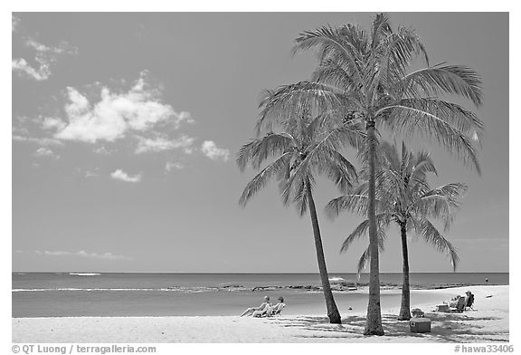 Couple on beach chair, and coconut trees,  Salt Pond Beach, mid-day. Kauai island, Hawaii, USA (black and white)